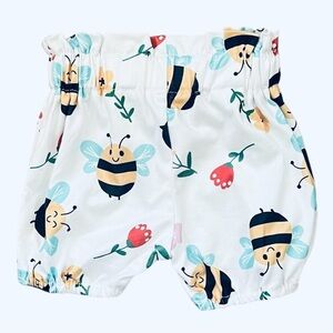 Bee/ strawberry print white ruched pull-on shorts yellow bow detail Girl 9-12 Mo